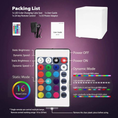 A remote control for Mr.Go's LED Cube, a rechargeable and waterproof light that changes colors for ambient decor.