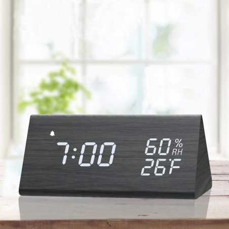 JALL Wooden Digital Alarm Clock: Stylish Design with Temperature & Humidity Display