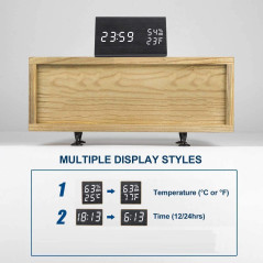 Digital Alarm Clock, with Wooden Electronic LED Time Display, 3 Alarm Settings, Humidity & Temperature Detect, Wood Made
