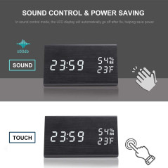 Digital Alarm Clock, with Wooden Electronic LED Time Display, 3 Alarm Settings, Humidity & Temperature Detect, Wood Made