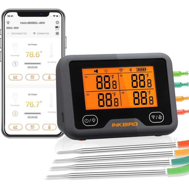 Inkbird IBBQ-4BW Thermomètre à viande WiFi avec 4 capteurs de température + support magnétique, thermomètre rechargeable USB
