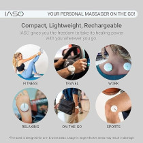 Red and white device on woman's back for pain reduction therapy.