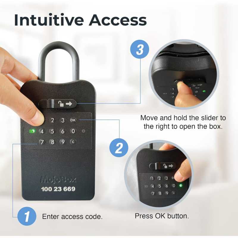 Stay secure with the MojoBox, a Bluetooth digital lockbox offering versatile access from anywhere.