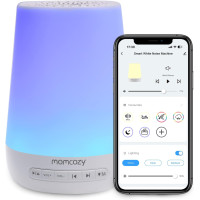 A smart speaker with a purple light, Momcozy Sound Machine: Ultimate Sleep Aid with Soothing Sounds & Personal Timer.