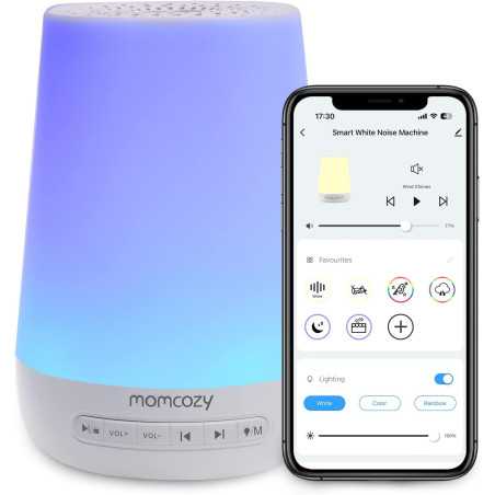 A smart speaker with a purple light, Momcozy Sound Machine: Ultimate Sleep Aid with Soothing Sounds & Personal Timer.