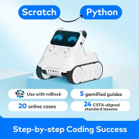 A person holding a smart phone next to an Interactive Codey Rocky Robot by Makeblock.