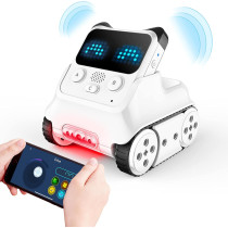 A person with a smart phone standing beside an Interactive Codey Rocky Robot by Makeblock.