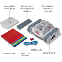 A programmable toy robot car with wheels and a red light, Sphero RVR+: Expandable and customizable for all ages.