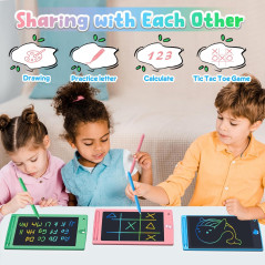 Youngsters exploring FLUESTON LCD Writing Tablets, drawing on screens showcasing dinosaur, unicorn, and whale illustrations.
