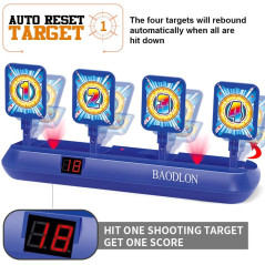 Interactive foam dart game with auto-reset targets, including blue and orange Nerf gun.