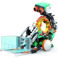The green and white LEGO robot is a part of Snap Circuits Teach Tech Mech 5, a mechanical coding kit.