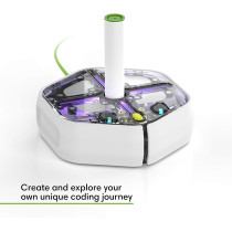 A programmable STEM toy robot, iRobot Root rt0, holding a green and white box.