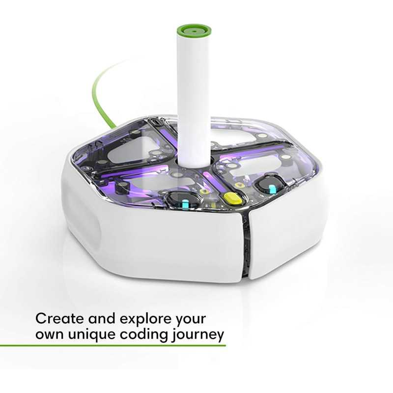 A programmable STEM toy robot, iRobot Root rt0, holding a green and white box.