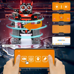 A person holding a phone with a robot displayed; part of a 3-in-1 Remote Control Car Coding Set for kids.