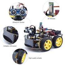 Educational robot car with remote control and wheels, part of KEYESTUDIO 4WD Bluetooth Smart Car Kit.