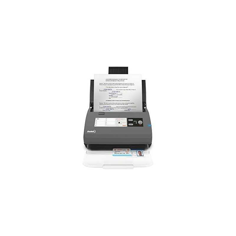 Ambir ImageScan DS820ix: High-Speed Duplex Document Scanner with document on top.