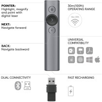 Silver remote control by Logitech for advanced presentation control.