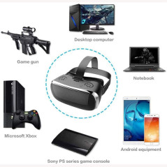 A sleek black packaging box with a VR headset, controller, earphones, cables, and manual arranged neatly for display.