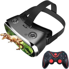 A sleek black packaging box with a VR headset, controller, earphones, cables, and manual arranged neatly for display.