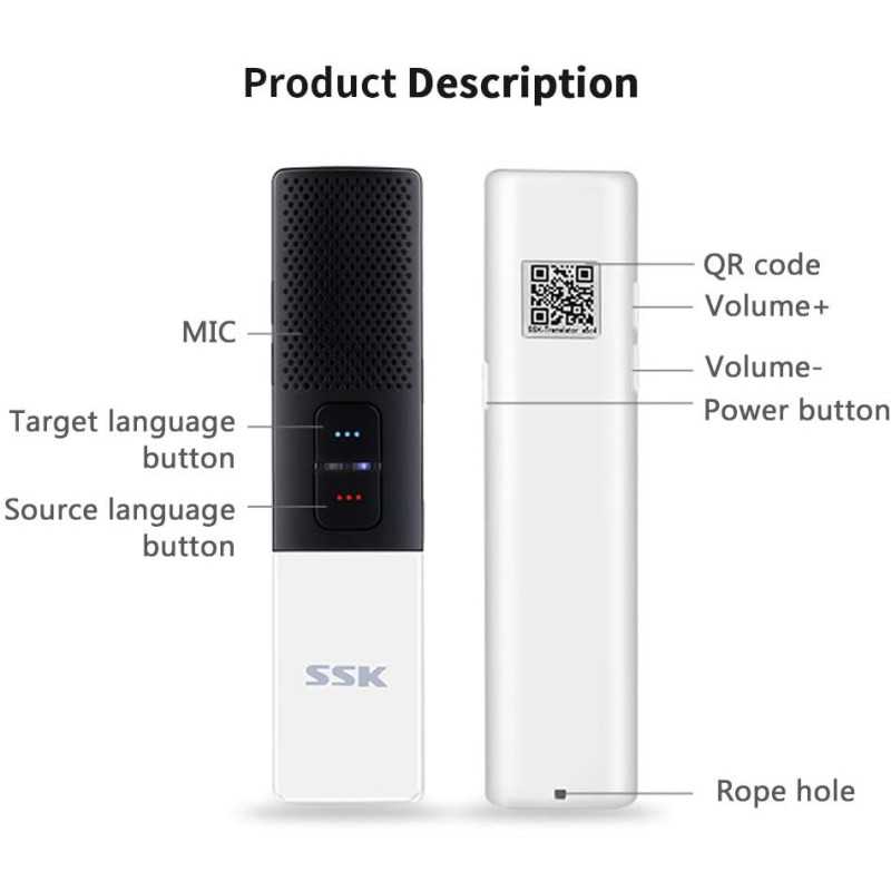 A smart translation device showcasing buttons for source and target languages, microphone, QR code, and volume controls.
