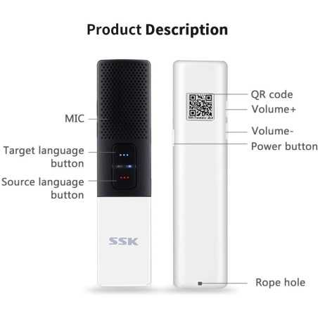 A smart translation device showcasing buttons for source and target languages, microphone, QR code, and volume controls.
