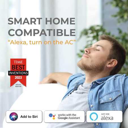 A relaxed individual sits on a sofa, interacting with smart home technology, surrounded by greenery and modern decor.