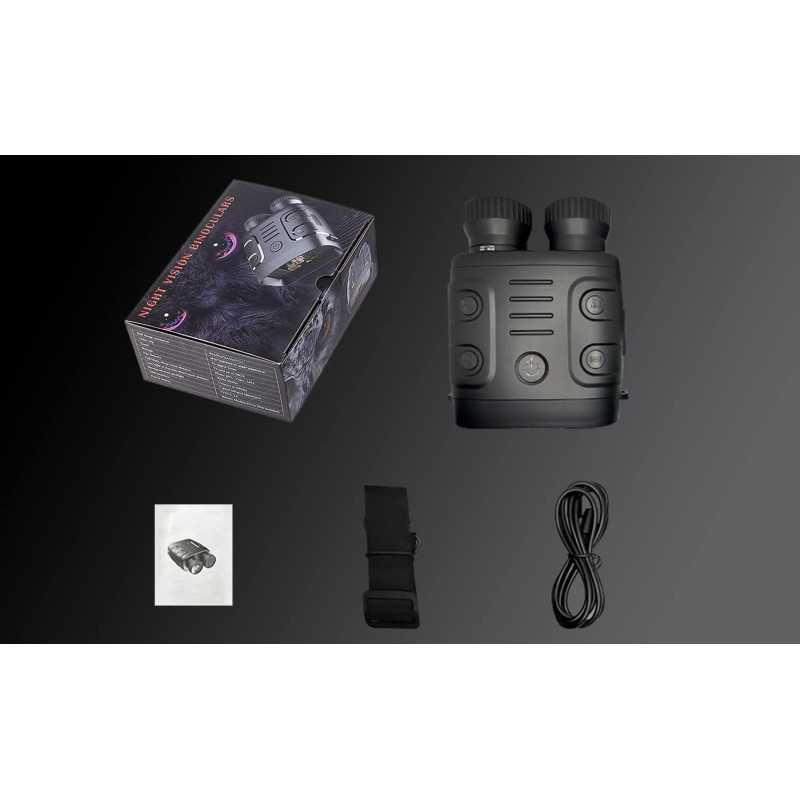 Black night vision binoculars with controls, packaged in a box, accompanied by a strap and connecting cable.