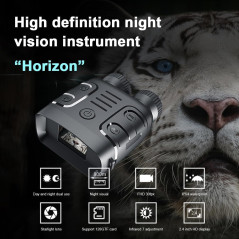 Black night vision binoculars with controls, packaged in a box, accompanied by a strap and connecting cable.