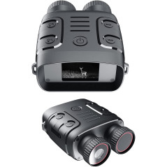 Black night vision binoculars with controls, packaged in a box, accompanied by a strap and connecting cable.