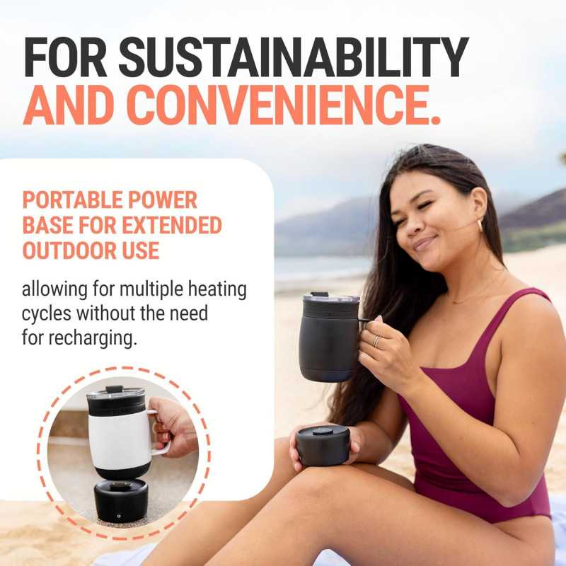 A sleek insulated mug features a wide ergonomic handle, contoured lip, and digital display for preset brewing of coffee and tea.