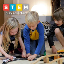 Sleek smart train on curved track with box, for kids ages 3–99, features shown.