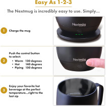 Nextmug Self-Heating Mug — Keeps drinks hot for hours with 3 adjustable temps & battery power!