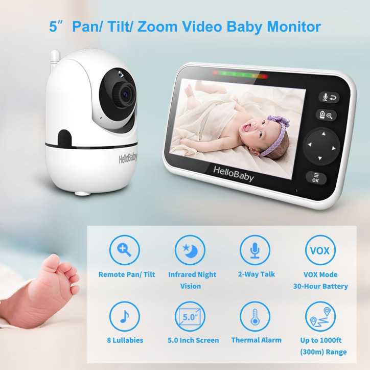 HelloBaby Moniteur Bébé 5 Sans WiFi: Vision Nocturne, Batterie 30h, Audio Bidirectionnel, Portée 300m