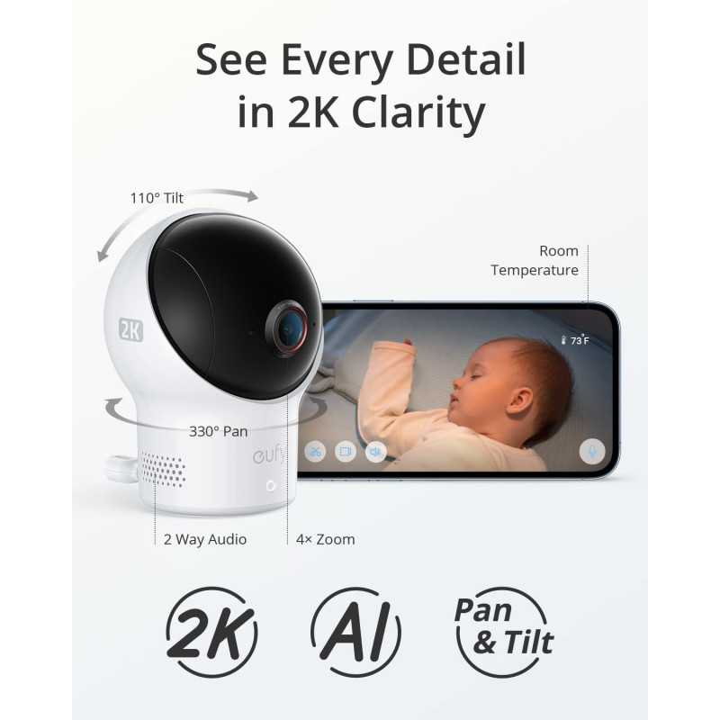 Wi-Fi Baby Monitor — 2K night vision, noise & temp detection, secure data, remote access & easy setup!
