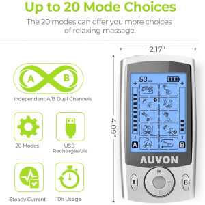 AUVON Stimulateur Musculaire TENS Double Canal: 20 Modes, Soulagement Personnalisé & Electrodes 2/2x4
