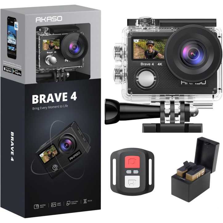 AKASO Brave 4 4K30fps 20MP WiFi Action Camera with EIS, 131ft Waterproof, Remote, 2 Batteries & Helmet Kit