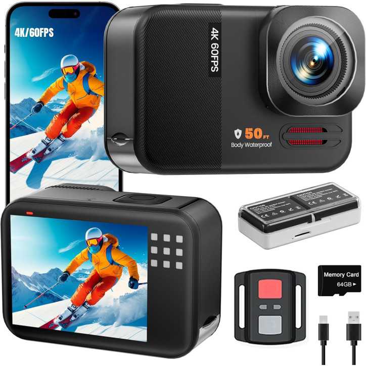4K 60FPS 48MP WiFi Action Camera with Touchscreen, 50FT Waterproof, EIS, 8X Zoom, Remote & 64GB Card 4K 60FPS 48MP WiFi Action Camera with Touchscreen, 50FT Waterproof, EIS, 8X Zoom, Remote & 64GB Card