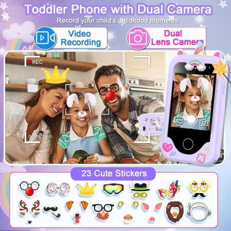Téléphone Enfant Fille 3-10 Ans - Écran 2,8, Double Caméra, Jeux, Musique, Carte 8GB Violet