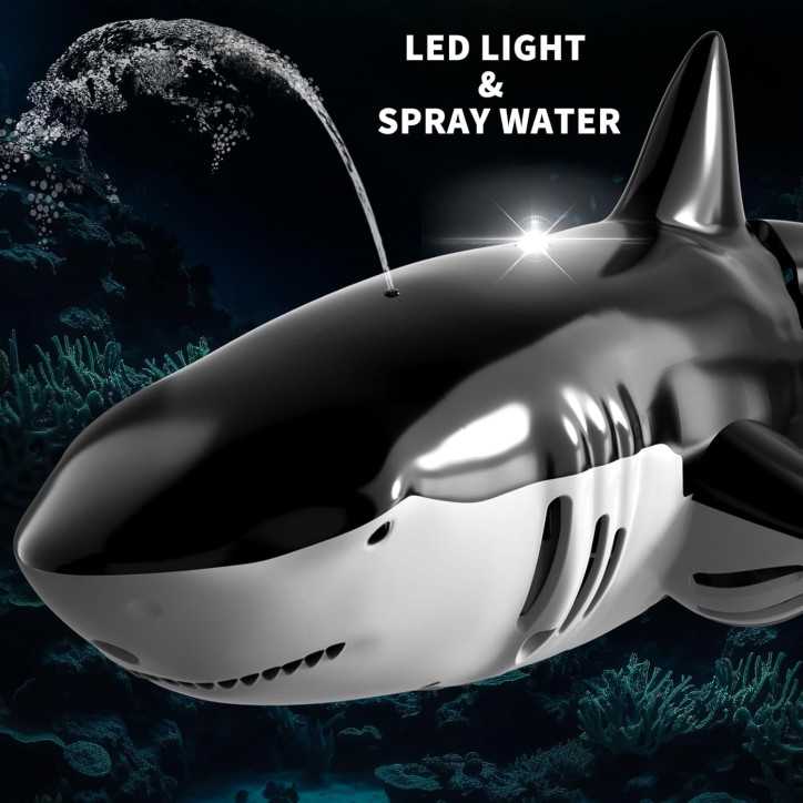 Ultra-realistic RC shark: smooth swimming, magic LEDs & water spray for epic pool adventures!
