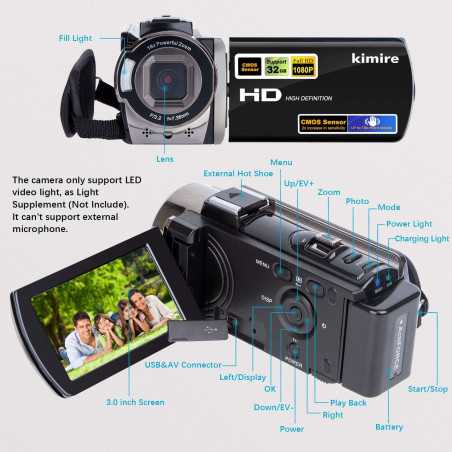 Caméscope Full HD 1080P 24MP LCD Rotatif 16X Zoom Noir