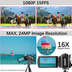 Caméscope Full HD 1080P 24MP LCD Rotatif 16X Zoom Noir