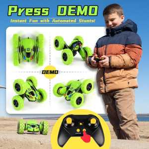 Threeking RC Double-Sided Stunt Car, 360° Flips & Rotations, Remote Control Toy - Green