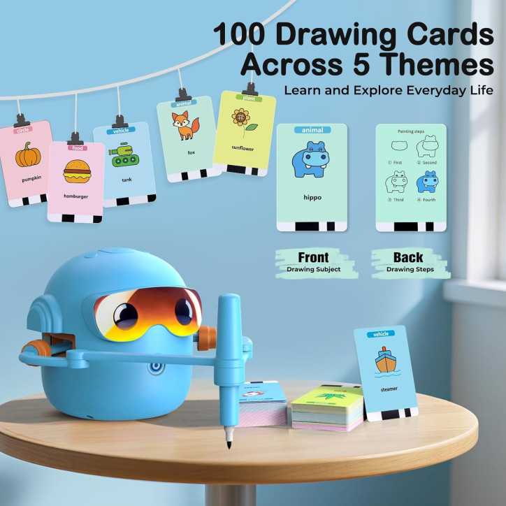 Robot de dessin éducatif Montessori pour enfants 3-8 ans avec 16 stylos, 100 cartes et musique