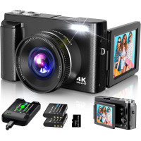 2024 4K Digital Camera 48MP Vlogging with Autofocus, 16X Zoom, 3 Flip Screen, Dual Batteries & SD Card, Black