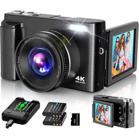 2024 4K Digital Camera 48MP Vlogging with Autofocus, 16X Zoom, 3 Flip Screen, Dual Batteries & SD Card, Black