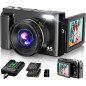 2024 4K Digital Camera 48MP Vlogging with Autofocus, 16X Zoom, 3 Flip Screen, Dual Batteries & SD Card, Black