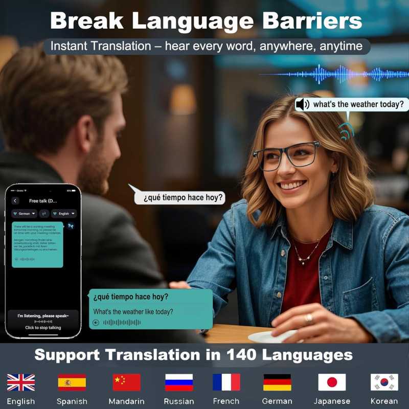 Lunettes IA avec Chat GPT Bluetooth - 164 Langues & Audio