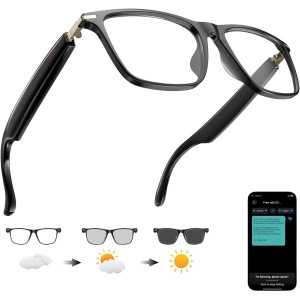 Lunettes Intelligentes AI Traduction Bluetooth Chat GPT 164 Langues, Verres Changeants, Casque Audio