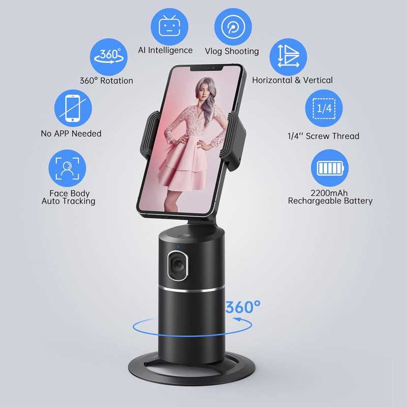 Support Téléphone Auto Suivi Visage 360° Sans Application Noir