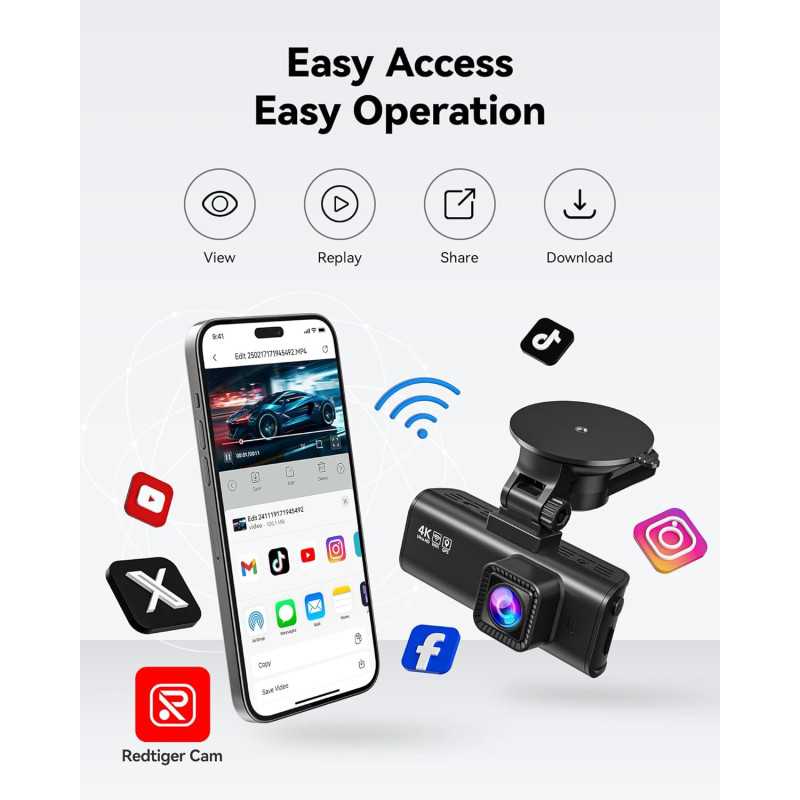 REDTIGER 4K Front Rear Dash Cam with Wi-Fi, GPS & 32GB Card Included